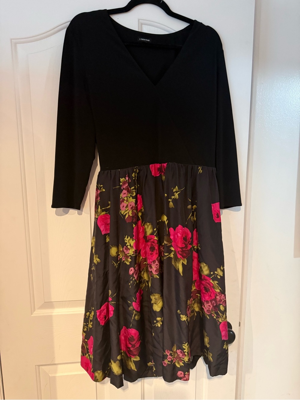 J. Peterman Black  Bodice Dress with Fuchsia Floral Skirt
